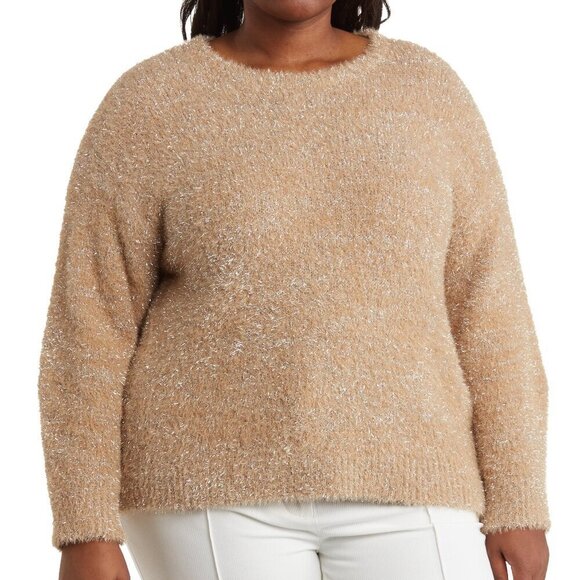 T Tahari Metallic Sparkle Eyelash Lurex Dolman Sleeve Champagne Sweater 2X - Picture 1 of 5